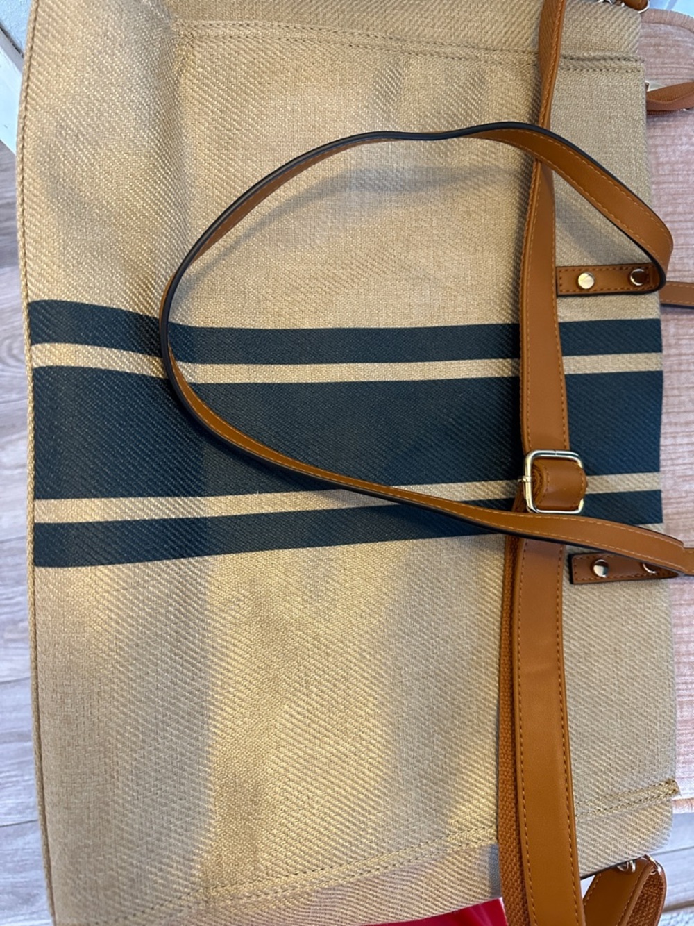 Canvas Tote Bag with Dark Blue Stripe and Brown Leather Handles - Picture 5 of 8